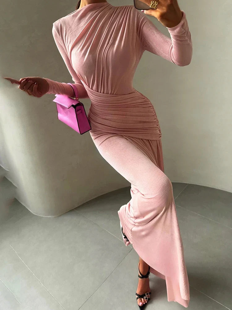 Folds Maxi Dress Women O-Neck Full Sleeve Solid Banquet Elegant Vacation Fashion Autumn Skinny Casual Simple Vestido