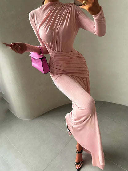 Folds Maxi Dress Women O-Neck Full Sleeve Solid Banquet Elegant Vacation Fashion Autumn Skinny Casual Simple Vestido