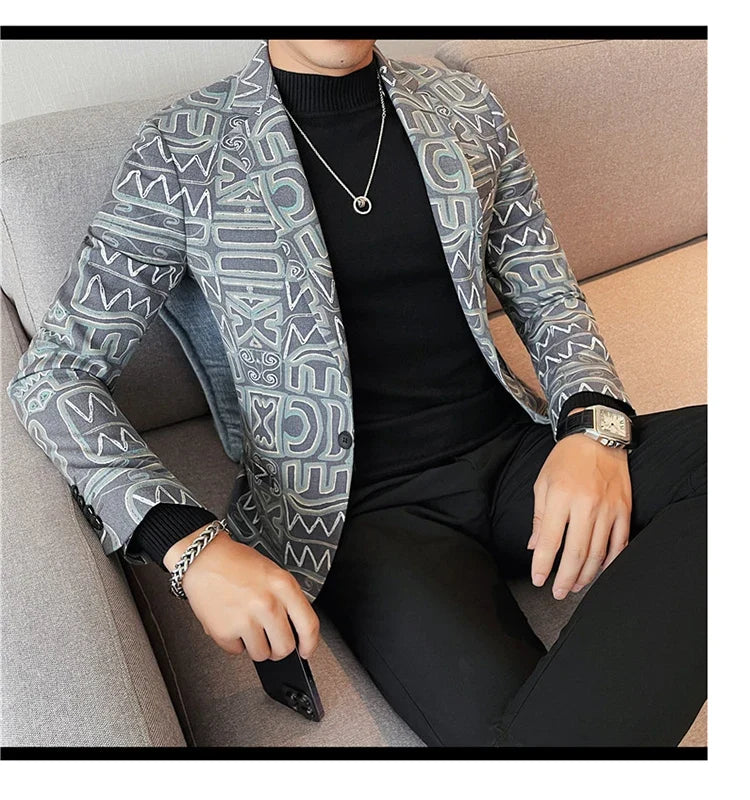 High Quality Men's Printed Suit Jacket for Men Autumnn Fashion Slim Fit Casual Business Blazers Wedding Social Dress Coats 4XL-M