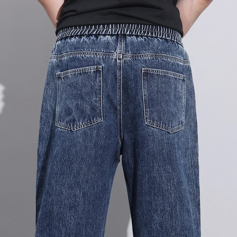 Men Dark Blue Blue Stretch Elastic Waist Denim Pants Streetwear Loose Full Length Trousers Straight Wide Leg Drawstring Jeans