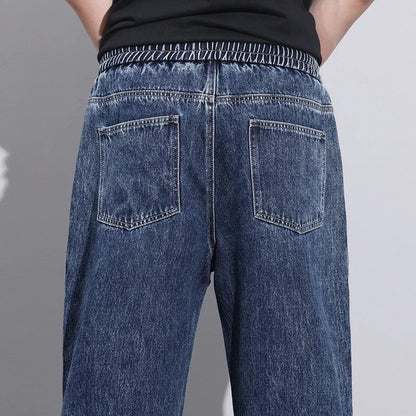 Men Dark Blue Blue Stretch Elastic Waist Denim Pants Streetwear Loose Full Length Trousers Straight Wide Leg Drawstring Jeans