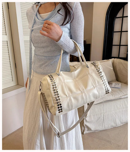 New Y2K Fashion Retro Rivet Tote Bag Women's High-end Handbag Large Capacity Motorcycle Shoulder Bag Daily Commute Crossbody Bag