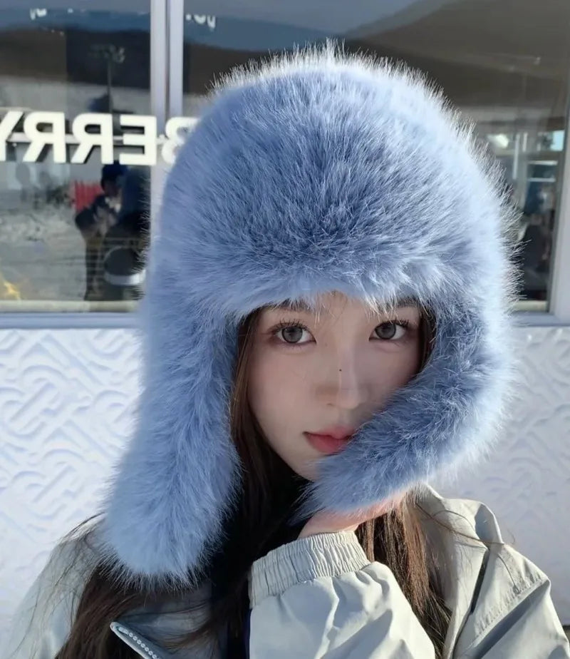 Korean Ins Imitation Mink Plush Hat Winter Women Ear Protection Bomber Hats Fashion Warm Fluffy Faux Fur Ski Beanies Y2k Gift