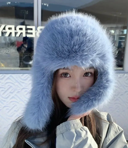 Korean Ins Imitation Mink Plush Hat Winter Women Ear Protection Bomber Hats Fashion Warm Fluffy Faux Fur Ski Beanies Y2k Gift
