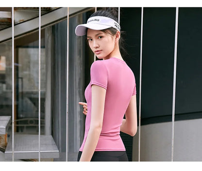 Women's Sports Fitness Clothing Slim Running Sweat Absorbing Skinny Yoga Clothes Quick Drying Clothes Short Sleeved T-shirt