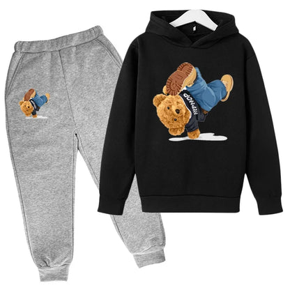 Kids Hoodie Set Cotton Top Pants 2pcs Sets Spring/Autumn Children's Clothing Street Dance Cartoon Bear Print Boys Girls Tops