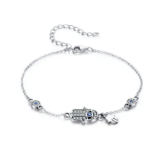 Bracelet Chaîne à Maillons Main de Fatima en Argent Sterling 925, Œil Porte-Bonheur Bleu, Fermoir Homard, Ajustable, Hamsa