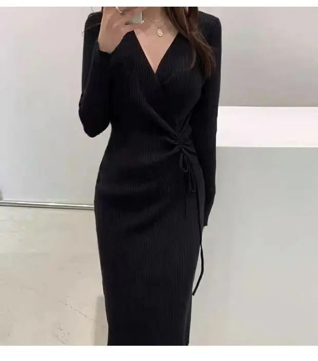 Chic V-ne Knitted Wrap Waist Slimming Mid-length A-line Dr Women's Sweater Dr Korean Sle High Waist Long Sve