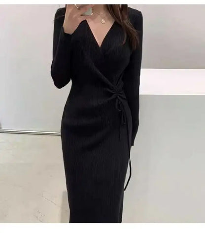Chic V-ne Knitted Wrap Waist Slimming Mid-length A-line Dr Women's Sweater Dr Korean Sle High Waist Long Sve