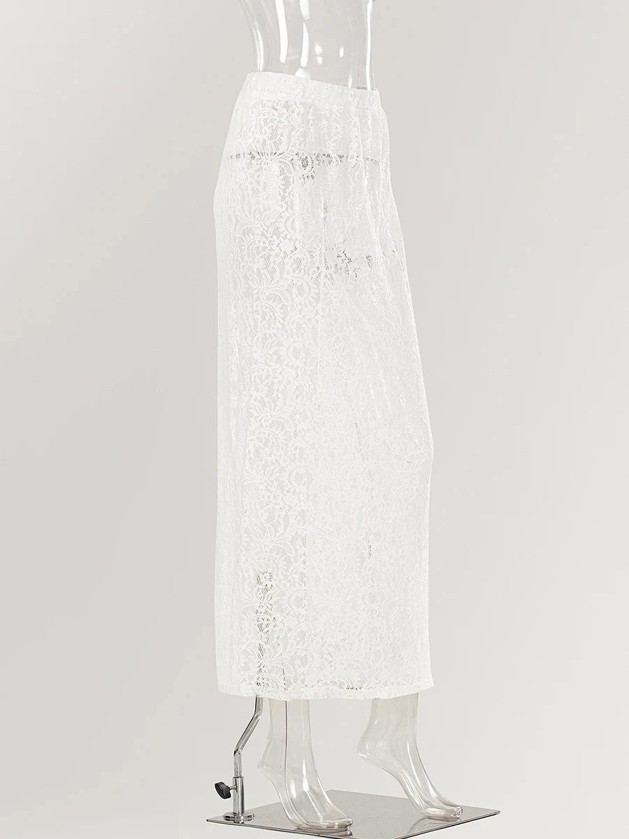 Lace Jacquard Transperant Skirt Women Summer New High Waist Sexy Casual Long Skirts 2025 Streetwear Fashion White Maxi Skirt