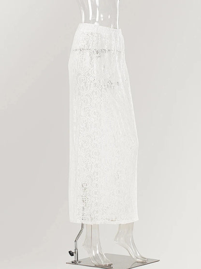 Lace Jacquard Transperant Skirt Women Summer New High Waist Sexy Casual Long Skirts 2025 Streetwear Fashion White Maxi Skirt