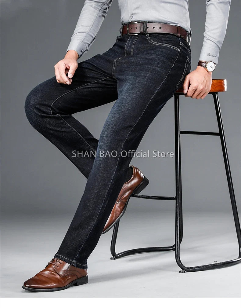 2024 autumn spring fitted straight stretch denim jeans classic style badge youth men's business casual jeans trousers