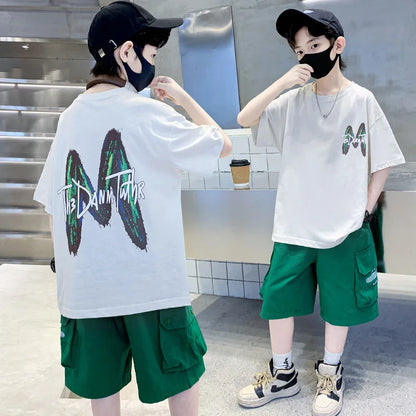 Summer Boys Cotton Leisure Loose Contrast Alphabet T-Shirt Top+Shorts Pant Set School Kids 2PCS Tracksuit Children Outfit 5-16Yr