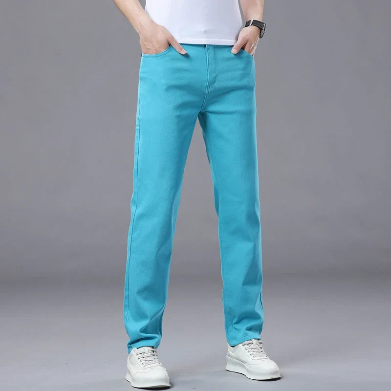 Slim Elastic Jeans Men's Colorful Fashion Korean Pants Spring Autumn Soft Comfortable Casual Straight Denim Trousers Streetwear