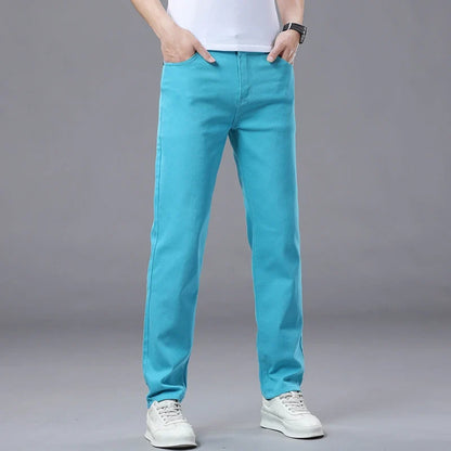 Slim Elastic Jeans Men's Colorful Fashion Korean Pants Spring Autumn Soft Comfortable Casual Straight Denim Trousers Streetwear