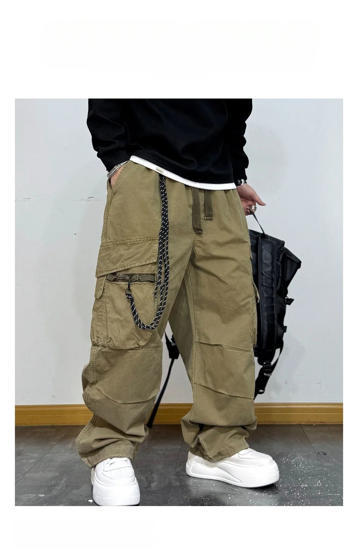American Premium Cargo Pants Mens Pleated Baggy Multi Pocket Streetwear Oversized Straight Leg Casual Spring Fall Trendy Male