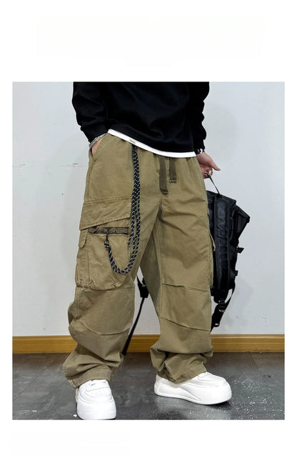 American Premium Cargo Pants Mens Pleated Baggy Multi Pocket Streetwear Oversized Straight Leg Casual Spring Fall Trendy Male