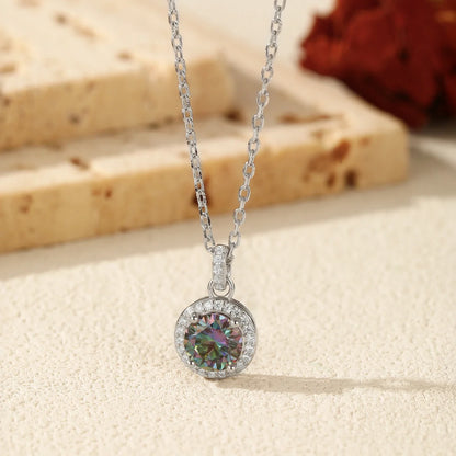 1CT Multicolor Round Moissanite Necklaces 925 Sterling Silver Luxury Classic Pendant Necklace For Women Fine Jewelry