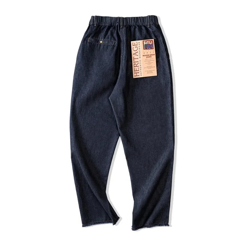 Autumn Casual Jeans for Men Washed Double Pleated Baggy Straight Denim Trousers Mid-rise Zipper Wear-resistant Jeans