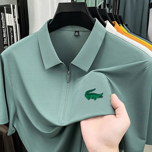 Men's Premium Textured Polo Shirt Seamless Half Zipper Crocodile Print Short Sleeve Summer Lapel T-Shirt Classic Men's Clothing