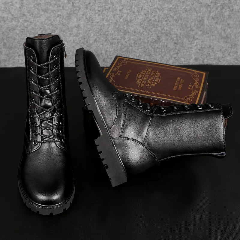 Fashion High Quality Business Boots Mens Winter Genuine Leather Outdoor Motorcycle Boots Male Lace-up Men's High Top Sneakers