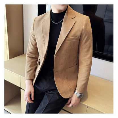 2026 Spring/Fall Men's Blue Suit Jacket, Black Long-Sleeve V-Neck Single-Breasted Formal Coats, Asian Fit Slim Cut.