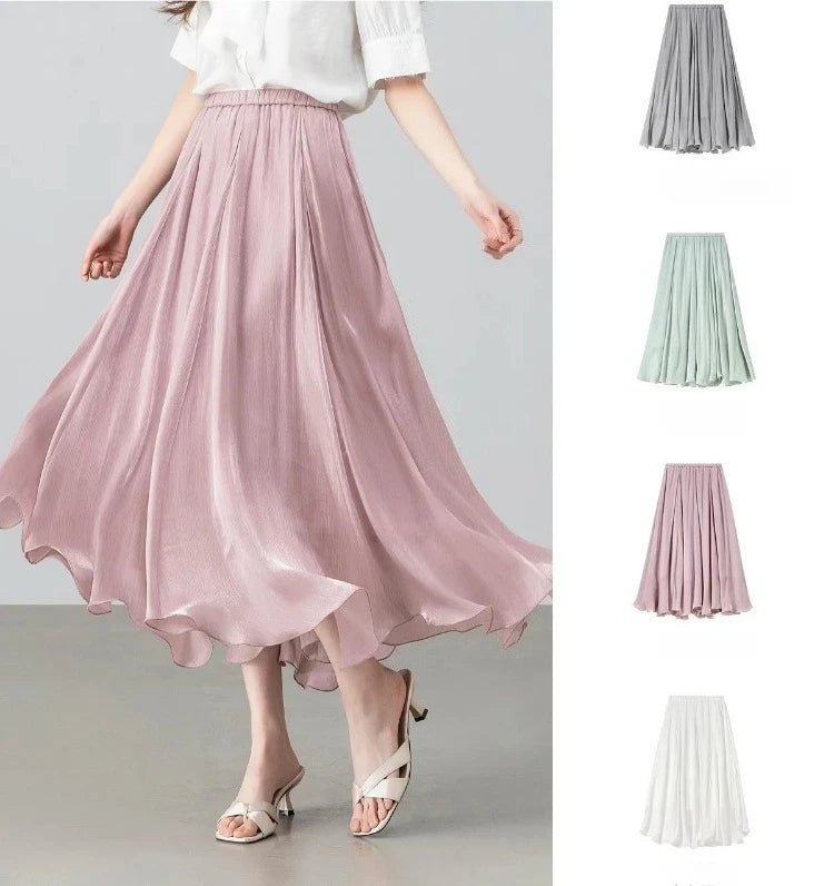 Women's Gray Elegant Skirt 2026 Summer Elastic Waist Sheen Flowy A Line Long Skirt for Woman Ladies Clothes 162QG4909