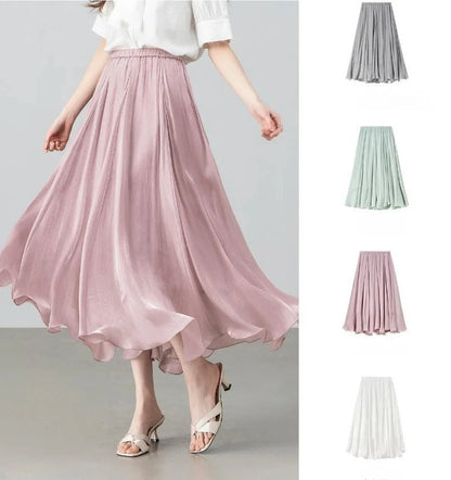 Women's Gray Elegant Skirt 2026 Summer Elastic Waist Sheen Flowy A Line Long Skirt for Woman Ladies Clothes 162QG4909