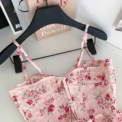 French Corset Print Beach Tank Top Female Strap Irregular Slim Hotsweet Camis Streetwear Vacation Bohe Sexy MIni Top