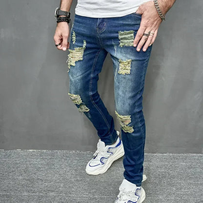 2024 New Style Men's Personalized Ripped Solid Color Skinny Jeans Stretch Little Foot Streetwear Motorcycle Denim Trousers Male
