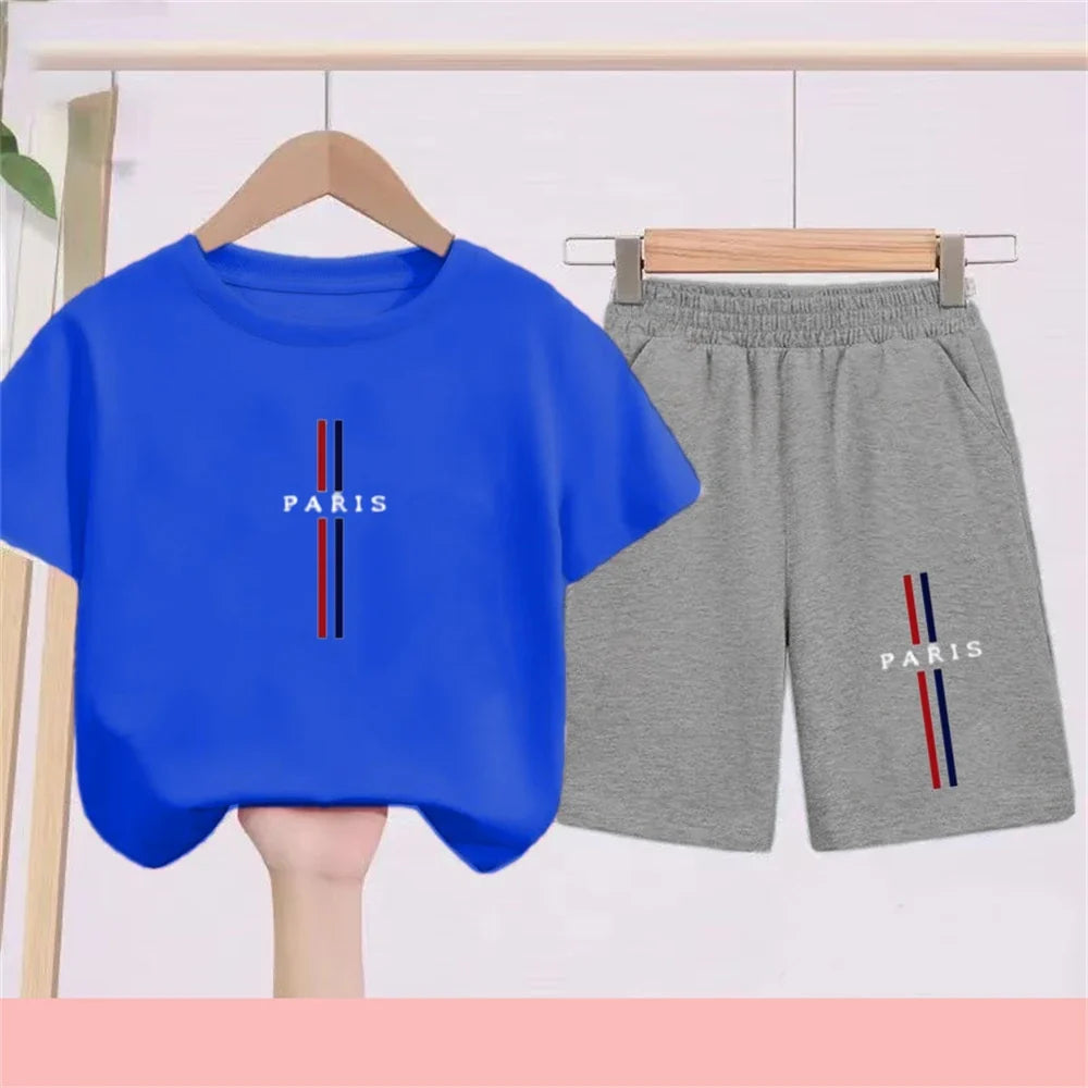 Summer Short Sleeve Children Age 3-12 Girls Boy Set White Black Tshirt+Shorts 2pcs Leisure Kids PARIS Brand Print Set