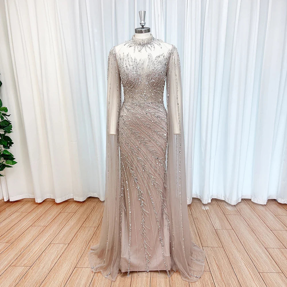 Luxury Beaded Evening Dress Cape Sleeve Dubai Sheer Neck Mermaid Formal Prom Wedding Party Gown Customized 2026
