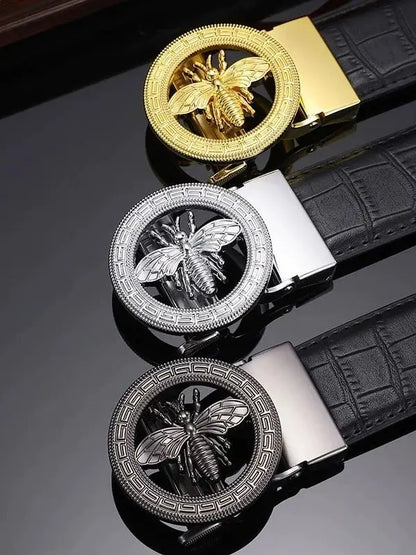 High-End Men's Casual Leather Belt; Small Bee Automatic Buckle Belt; Business Versatile Bamboo Texture Belt.