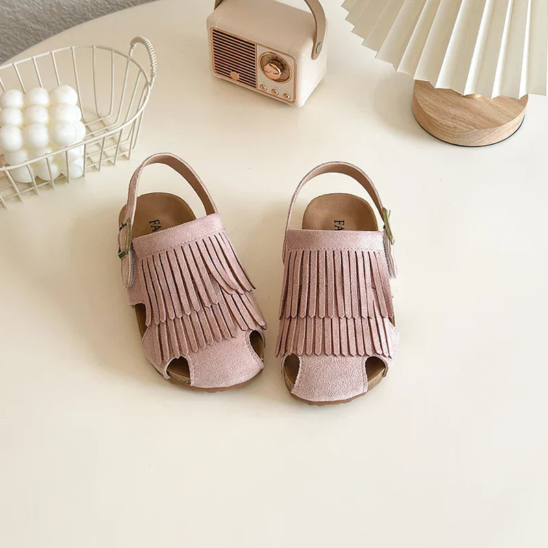 2025 Summer New Girls' Sandals Korean Style Tassel Princess Shoes Frosted Leather Hollow Sandals Comfortable 23-31
