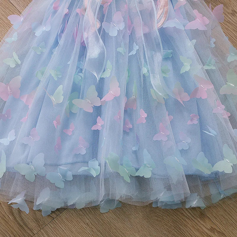 Baby Girls Butterfly Wings Fairy Gauze Princess Puff Sleeve Dress Lovely Kids Summer Tulle Dress Child Birthday Party Gown Dress