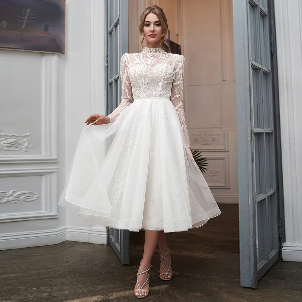 Full Sleeves High Neck Wedding Dress for Woman Bride Tea Length A Line Glitter Skirt Civil Bridal Gown Vestido De Noiva