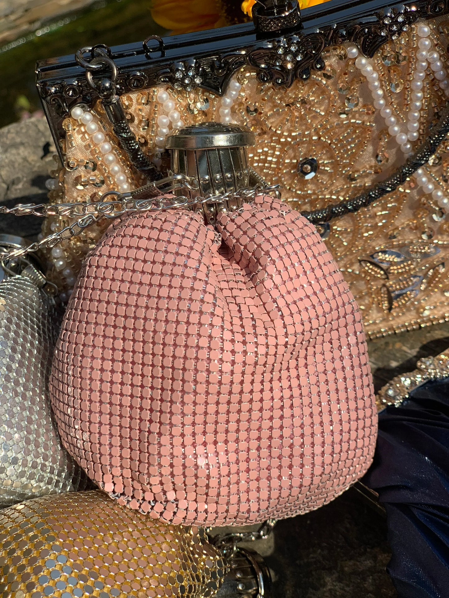 Lost in Vintage Glitter Sparking Evening Bag Handbag with Aluminum Pieces Crossbody Clutches Shoulder Metallic Chains