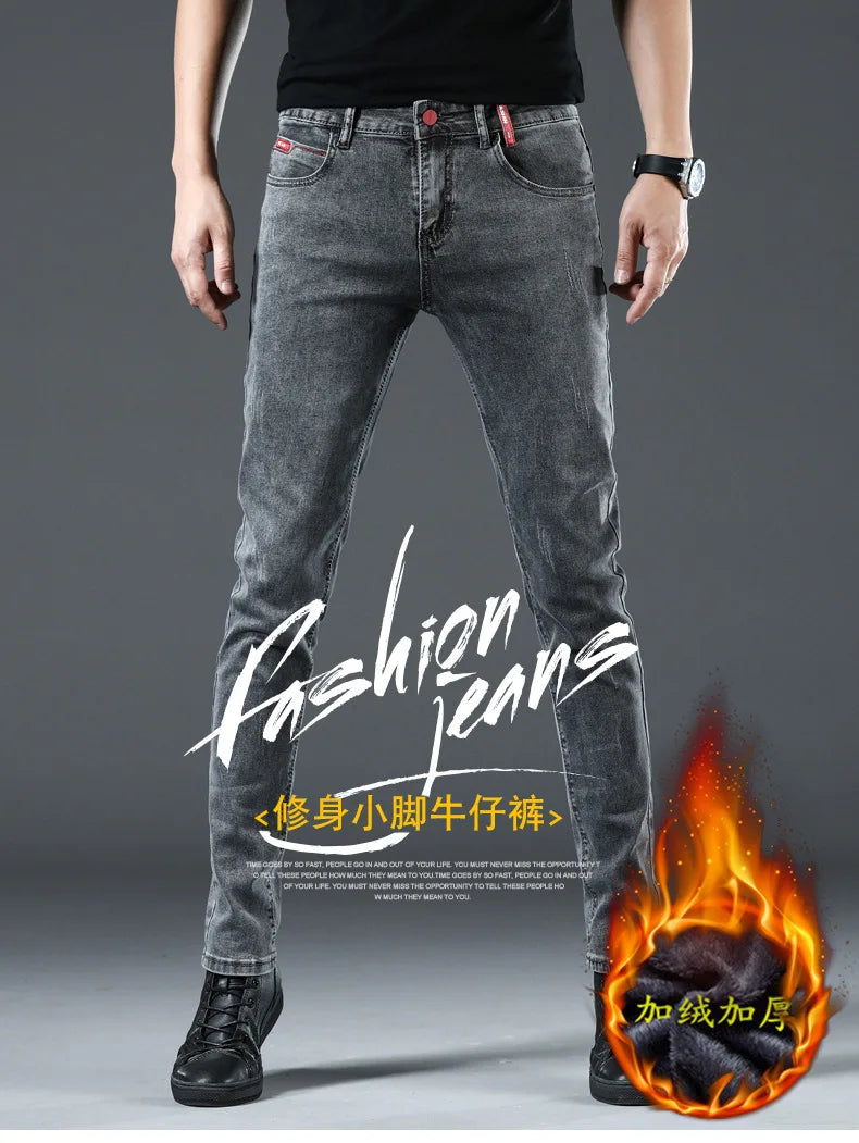 Winter Thick Plus Velvet Men Middle Waist Skinny Jeans Simple Fleece Warm Slim Fit Stretch Boy Casual Denim Pencil Pants