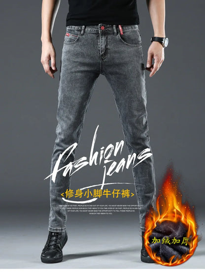 Winter Thick Plus Velvet Men Middle Waist Skinny Jeans Simple Fleece Warm Slim Fit Stretch Boy Casual Denim Pencil Pants