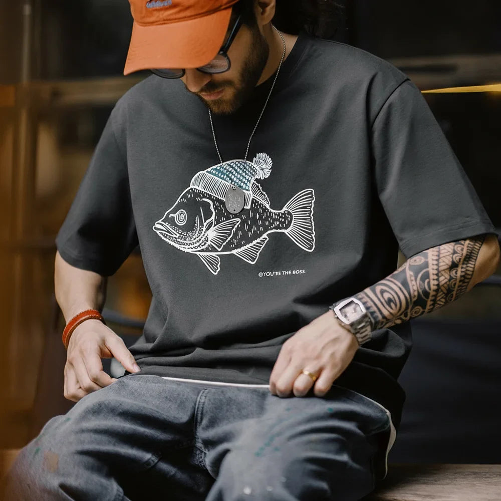 Vintage Flocked Print Short-sleeved T-shirts Animal Pattern Cotton Round Neck Tops for Men's Summer Casual Loose Fit Tee