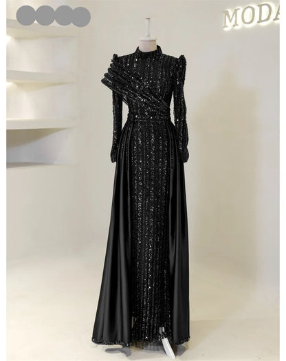 Contessa Dubai Customized A-Line Prom Dresses Elegant Long Sleeve vestidos de noche Glitter Beaded hemline Formal Evening 2025