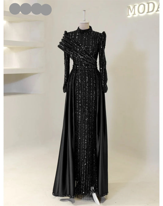 Contessa Dubai Customized A-Line Prom Dresses Elegant Long Sleeve vestidos de noche Glitter Beaded hemline Formal Evening 2025