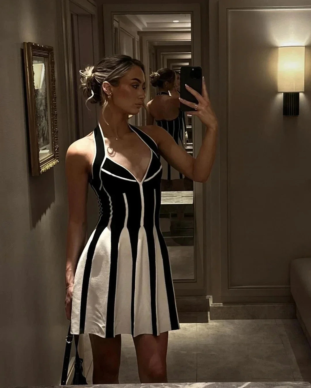Sexy Backless Black White Stripes Halter Bandage A Line Short Dress 2025Women Celebrity Elegant Evening Party Holiday Club Dress