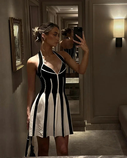 Sexy Backless Black White Stripes Halter Bandage A Line Short Dress 2025Women Celebrity Elegant Evening Party Holiday Club Dress