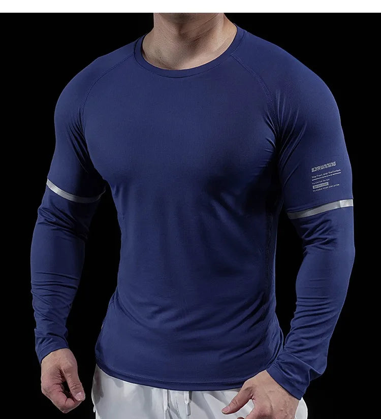 Autumn New Men's Sports Gym Fitness Clothes Reflective Strips Round Neck Training Long-sleeved T-shirt Running Slim Breathable