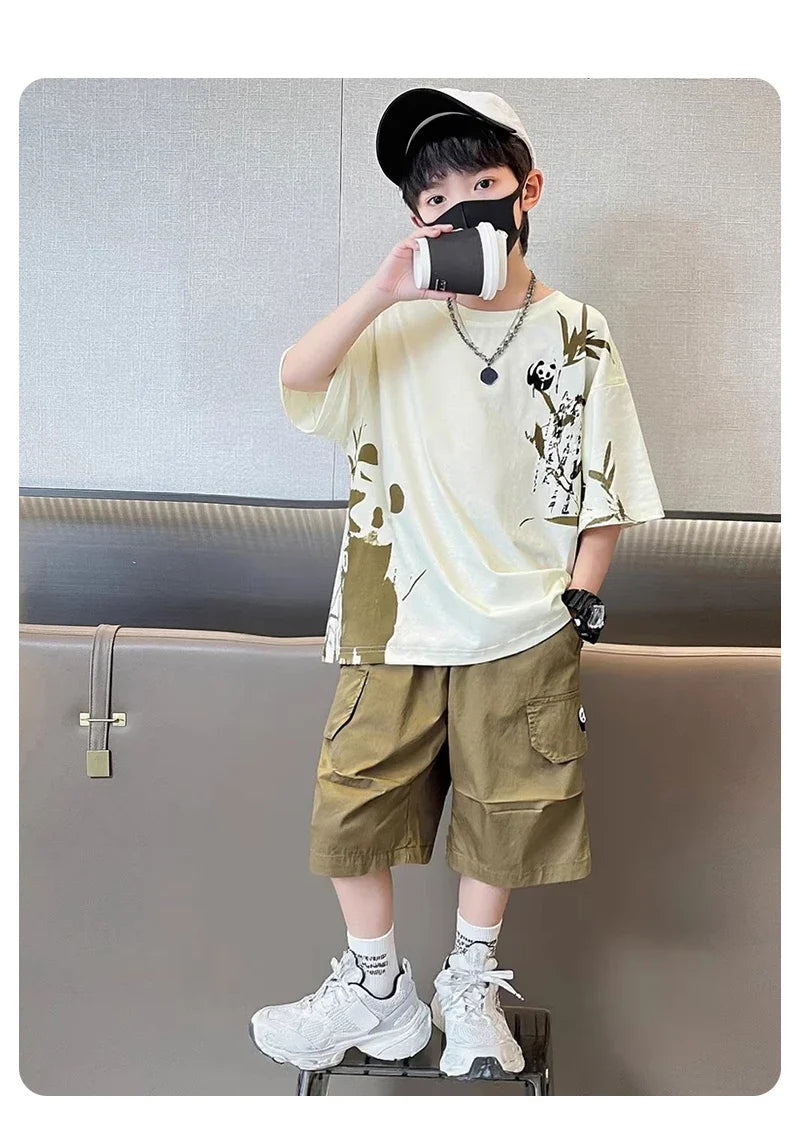 Chinese Style Kids Boy Summer Suit Twopiece Outfit Set With Panda Print T-shirt And Shorts Clothing Set for Children Streetwear