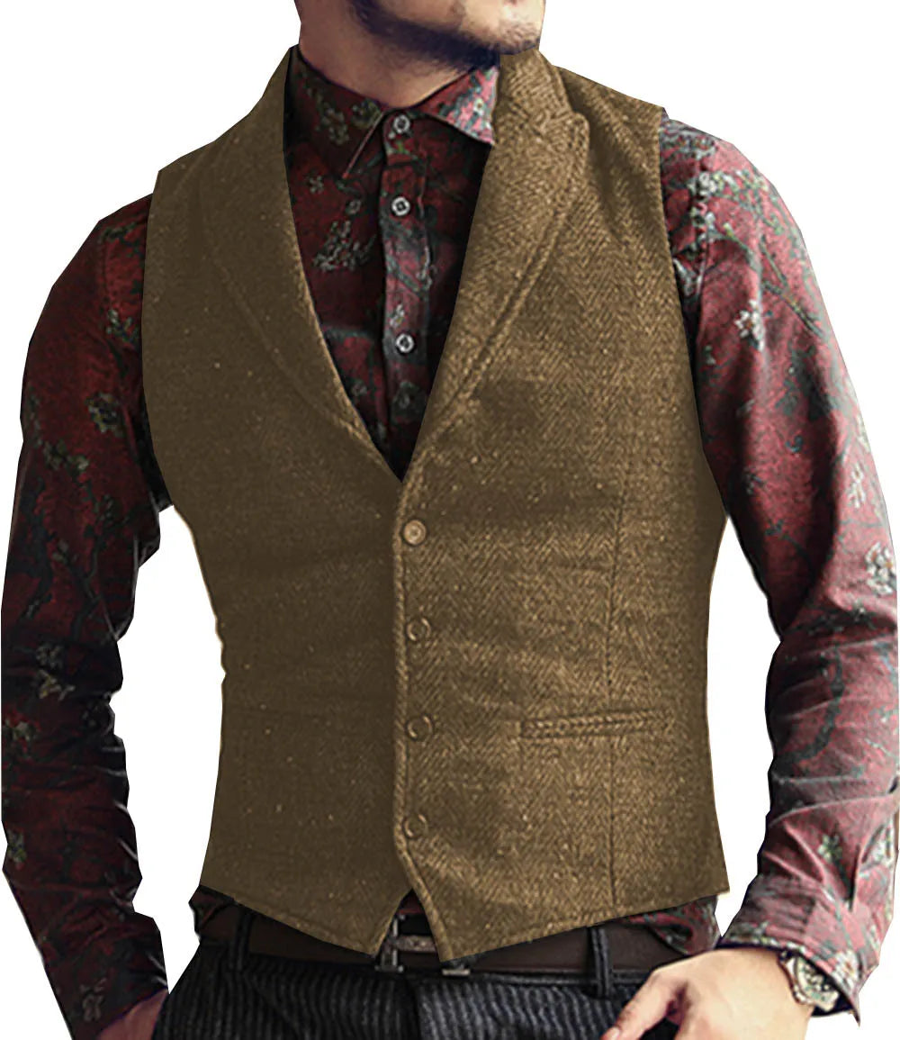 Men's Suit Vest Slim Fit Herringbone Pattern Mail Waistcoat Flip Tie Pocket Vest Business Banquet Wedding Groomsman Dress Vests