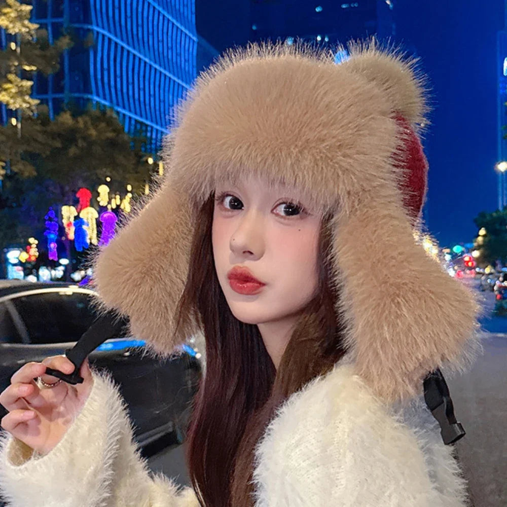 Russian Hat Ushanka Thick Warm Fluffy Fur Hat Women Snow Ski Earflap Cap Female Knitted Hat Skullies Beanies Bomber Hats