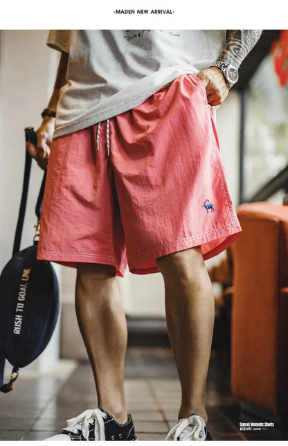 Men's American Retro Embroidered Woven Beach Shorts Lightweight Thin Five Inch Amekaji Style Daily Casual Summer Trousers
