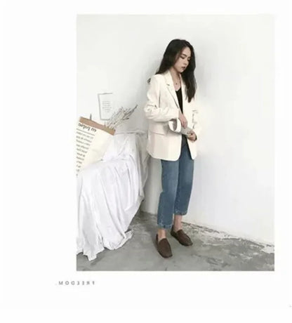 Elegant Casual Loose Long Sleeve Women's Small Suit Jacket Korean Style Spring Autumn Chic Polyester Fiber Button Decoration